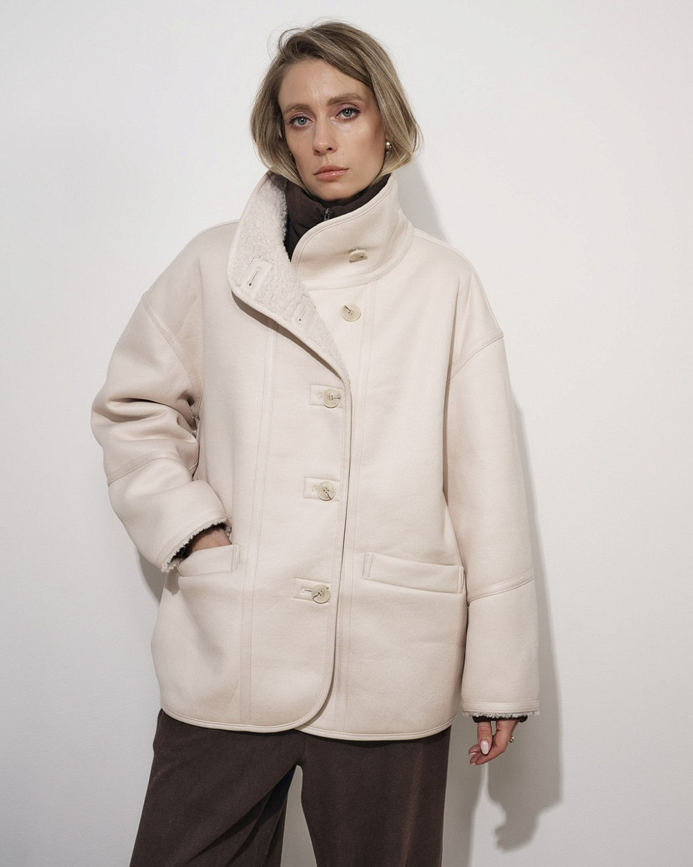 Дубленка из экомеха Руи молочный