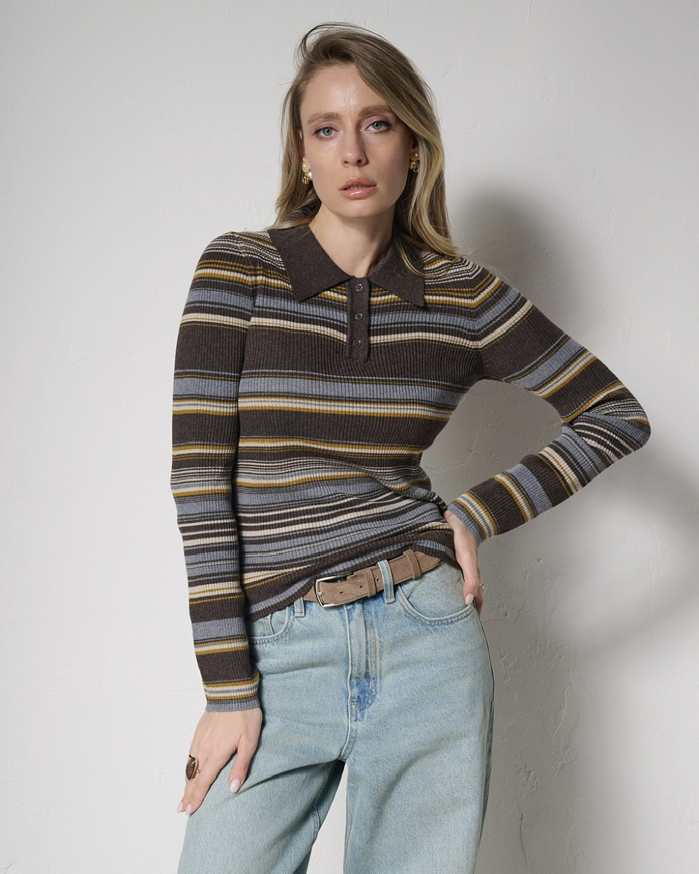 Лонгслив поло Дрейк шоколадный в полоску