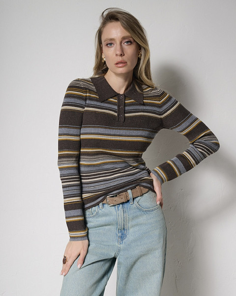 Лонгслив поло Дрейк шоколадный в полоску